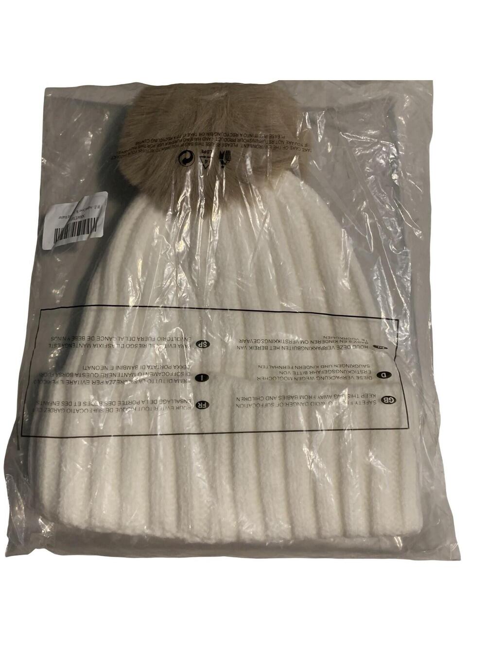FURTALK Beanie Hat Cream/White Ribbed Knit Faux Fur Pom Pom NEW